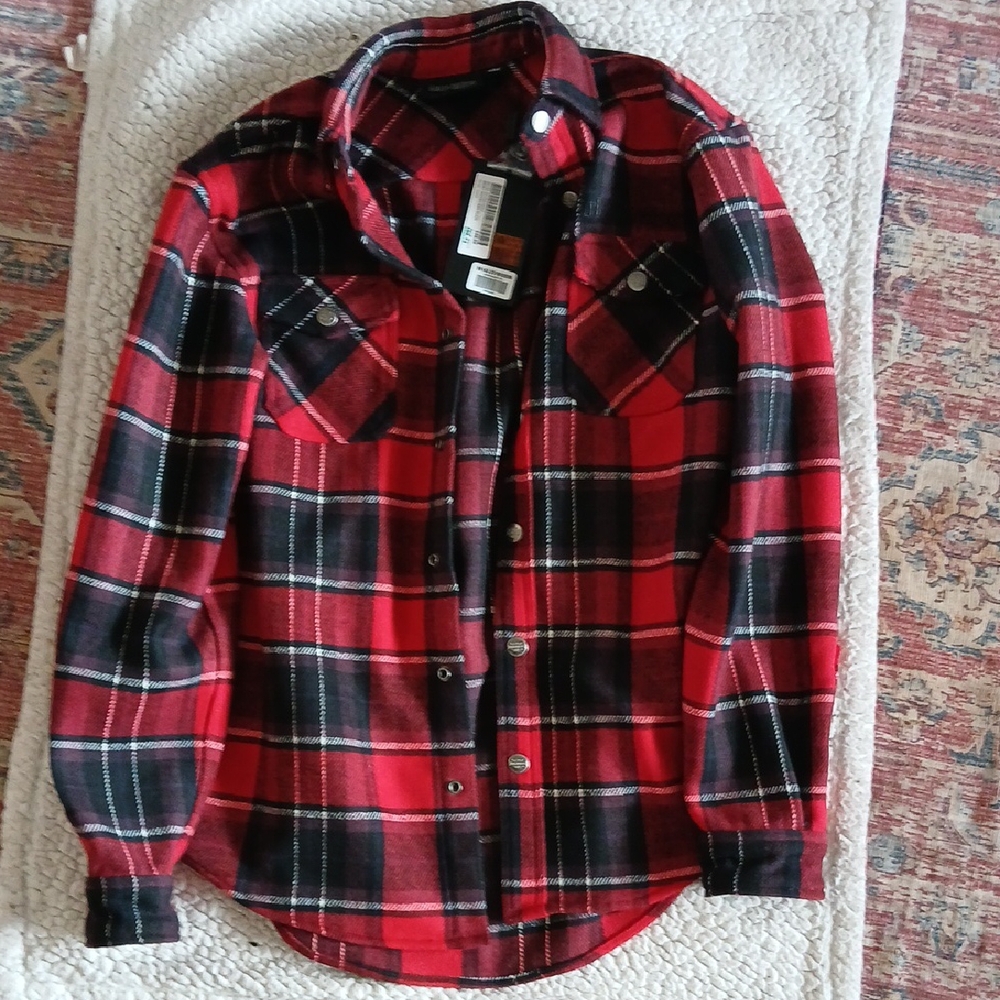 Harley-Davidson Kids Red and Black Plaid Button Down flannel Shacket.